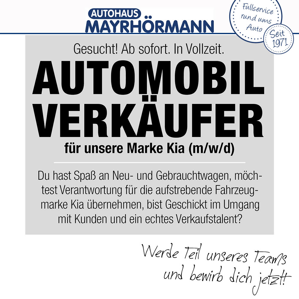 Stellenangebot Automobilverkäufer (m/w/d) Kia im Autohaus Mayrhörmann GmbH 06-2021